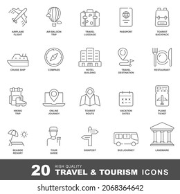 Travel and tourism line icons. Vacation and hotel icon set with editable stroke