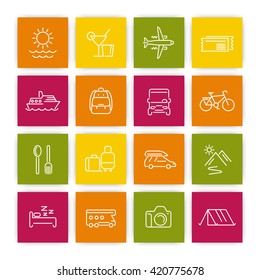 Travel, tourism linear icons set, recreation, trip, tour, line pictograms on squares, vector illustration