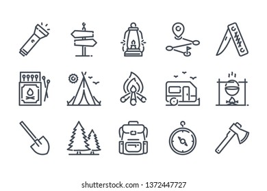 Travel and tourism linear icons.Camping activities related line icon set. Camp survivals outline vector sign collection.