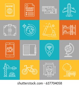 Travel and tourism lineart minimal vector iconset on multicolor checkered texture