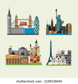 Travel and tourism locations. Vector Travel Set with City Sightseeings.