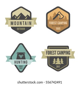 Travel Tourism Logo Badges design vector template Hipster Vintage style.
Hiking Trekking Mountains, Forest Camping, Hunting logotypes