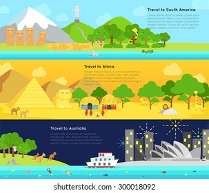 Travel and tourism to the main continent of South America, Africa, and Australia info graphic banner badge design layout, create by vector