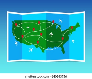 Travel and tourism map. United States of America folded world map with airplanes and markers. Vector illustration. Flat design