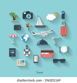 Travel and tourism modern concept in flat design with long shadows and trendy colors for web, mobile applications, layouts, brochure covers etc. Vector eps10 illustration