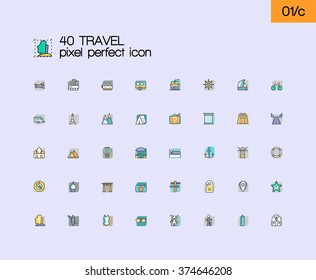 Travel and tourism modern line icons with flat design elements. Pixel perfect icons set. Outline symbol collection. Simple linear pictogram pack.