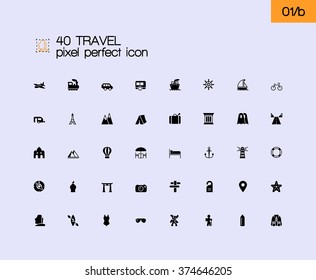 Travel and tourism modern solid pixel perfect icons set. Outline symbol collection. Simple linear pictogram pack.