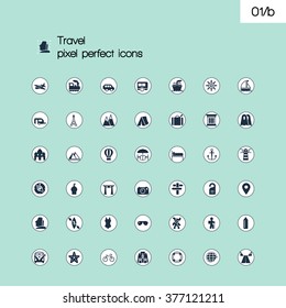 Travel and tourism modern solid pixel perfect icons set. Outline symbol collection. Simple linear pictogram pack.