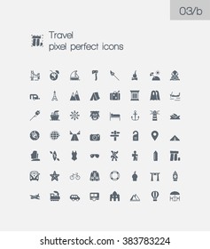 Travel and tourism modern solid pixel perfect icons set. Premium quality filled symbol collection. Vector logo concept,web graphics