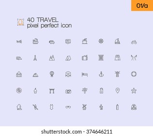 Travel and tourism modern thin line pixel perfect icons set. Outline symbol collection. Simple linear pictogram pack.