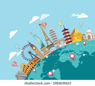 Travel and tourism on earth background. Travel by plane around the world concept. vector illustration in flat style modern design.