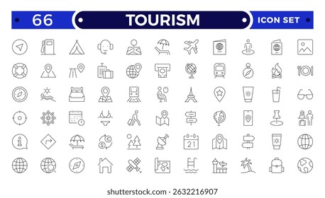 Conjunto de ícones de descrição de viagem e turismo. Avião, viagem, praia, passaporte, férias de verão, bagagem, camping, hotel. Coleção de elementos de viagem e turismo.
