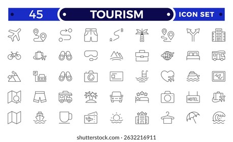 Travel and tourism outline icon set. Airplane, trip, beach, passport, summer vacations, luggage, camping, hotel. Collection of traveling and tourism elements.
