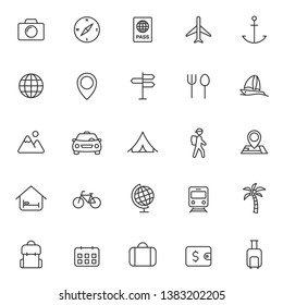 travel and tourism outline vector icons set isolated on white background. travel and tourism outline flat icons for web and ui design. summer recreation concept