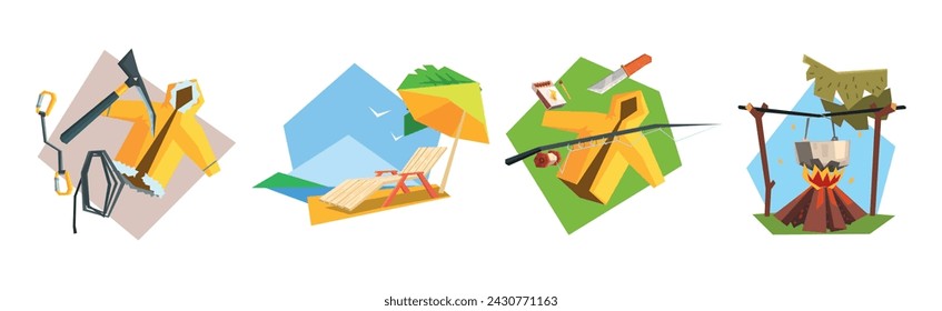 Travel and Tourism with Pickaxe, Deck Chair, Fishing Rod and Cauldron Vector Set.