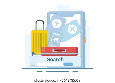 Travel and tourism planning search concept, vacation, summer time. Summer vacation planning, online travel ticket booking. Organizing a trip abroad. Flat design illustration.