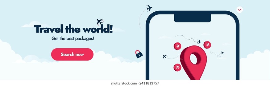 Puesto de viajes y turismo. Día Mundial del Turismo, busque su destino. Puesto de promoción de agencia de viajes con pantalla de teléfono móvil 3D, icono de ubicación, mapa mundial con línea de trazos discontinuos y aviones volando