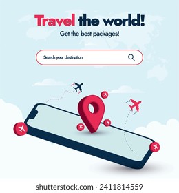 Travel and Tourism post. World Tourism Day, search your destination. Travel agency promotion post with 3D mobile phone screen, location icon, World map with dashed trace line and airplanes flying