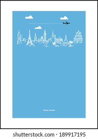 Travel and tourism poster . Drawn hands world attractions