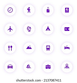 travel tourism purple color vector icons on light round buttons with purple shadow. travel tourism icon set for web, mobile apps, ui design and print