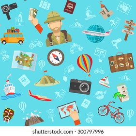 Travel tourism and rest or holiday signs symbols and person flat color seamless pattern vector illustration 