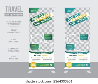 Roll Up Banner de viajes y turismo, stand design, standee, publicidad, visualización, ilustración vectorial