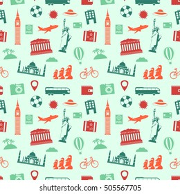 Travel and tourism seamless pattern. Vector illustration