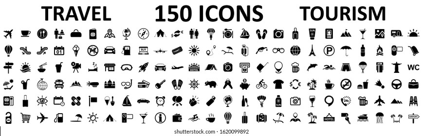 Travel and tourism set 150 icons, vocation signs for web development apps, websites, infographics, design elements – stock vector