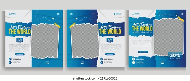 Travel and tourism Set of the editable square banner template. Use for social media posts, banners, flyer, and web banner ads.