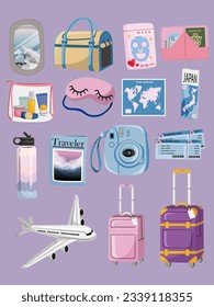 diseño de ilustraciones vectoriales de elementos de viajes y turismo. Bandas de viaje coloridas como mochilas, maletas, mapas del mundo y billetes de avión. Fondo de vacaciones de verano.