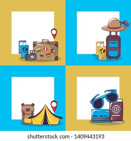 Travel and tourism set of square frame emblems with vacations cartoons on blue and yellow background vector illustration graphic design