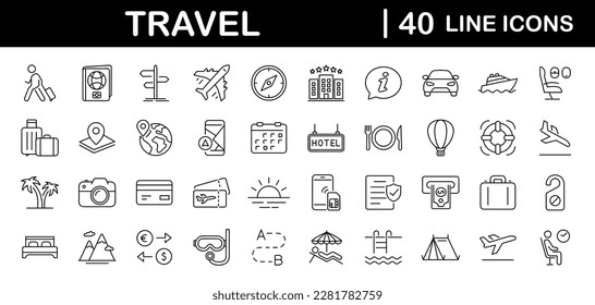 Travel and Tourism set of web icons in line style.Travel and vacation icons for web and mobile app. Airport, tickets, tour, relax, hotel, recreational rest, service. Vector illustration