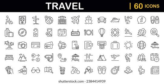 Juego de viajes y turismo de iconos web en línea.Iconos de viajes y vacaciones para web y aplicación móvil. Aeropuerto, entradas, tour, relax, hotel, descanso recreativo, servicio. Ilustración del vector