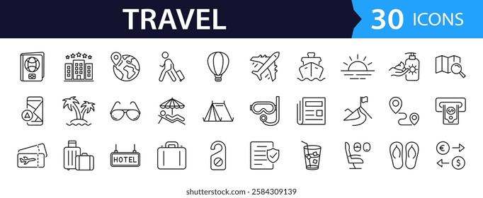 Travel and Tourism set of web icons in line style.Travel and vacation icons for web and mobile app. Airport, tickets, tour, relax, hotel, recreational rest, service. Vector illustration