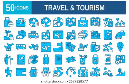 Travel and Tourism set of web icons in line style.Travel and vacation icons for web and mobile app. Airport, tickets, tour, relax, hotel, recreational rest, service. Vector illustration