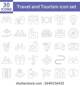 Travel and Tourism set of web icons in line style.Travel and vacation icons for web and mobile app. Airport, tickets, tour, relax, hotel, recreational rest, service.