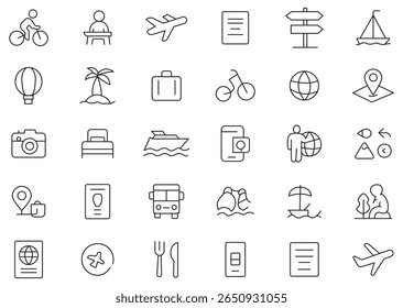 Travel and Tourism set of web icons in line style. Airport, tickets, tour, relax, hotel, recreational rest, service. Editable stroke. Vector illustration. Collection of traveling and tourism elements.
