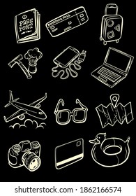 Travel tourism sketch hand drawing collection set icons symbols comic cartoon retro style drawing