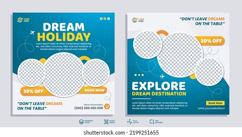 Travel and tourism social media banner post template design with abstract background for travelling business marketing. Social media marketing banner template set.