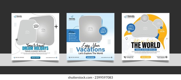 Travel and tourism social media banner post template design with tour packages for travelling business marketing. Social media marketing banner template set.