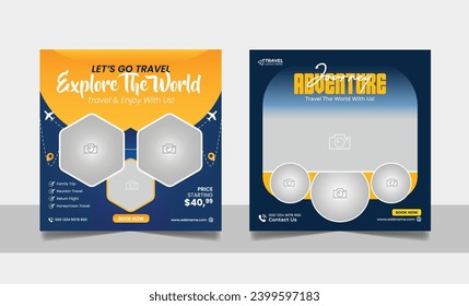 Travel and tourism social media banner post template design with tour packages for travelling business marketing. Social media marketing banner template set.