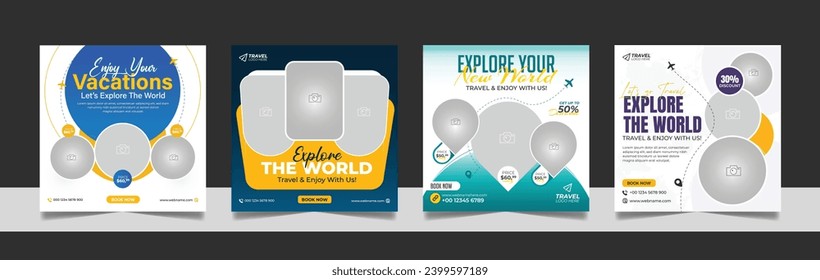 Travel and tourism social media banner post template design with tour packages for travelling business marketing. Social media marketing banner template set.