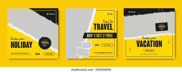 Travel And Tourism Social Media Post Template Design. Summer Holiday Offer Promotion And Marketing Flyer For Online Business. Travel Sale Digital Web Banner With Logo And Vector Graphic Background.