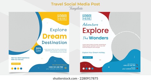 Travel and tourism social media post and square flyer post banner template design set