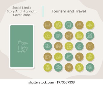 Travel and tourism social media story and highlight cover icons set. Trip abroad. Trendy template for bloggers. White linear pictograms collection. Thin line drawings pack for branding