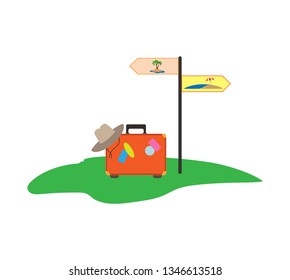 Travel and tourism, suitcase with beach hat and signpost, flat design