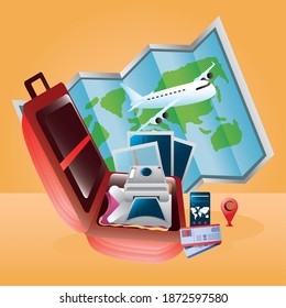 travel tourism suitcase map plane tickets passport location pointer vector illustration