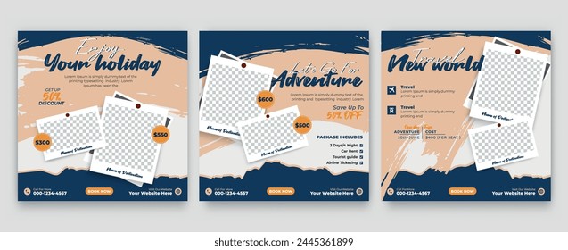 Travel, tourism or summer holiday social media post, banner, flyer, template.