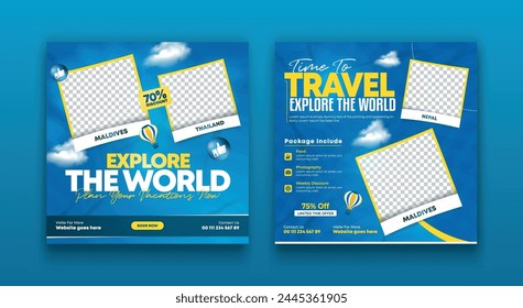 Travel, tourism or summer holiday social media post, banner, flyer, template.