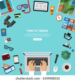 Travel, tourism, summer vacation planning, discover the world, journey in holidays concept in flat style. Top view at a desktop. Vector illustration